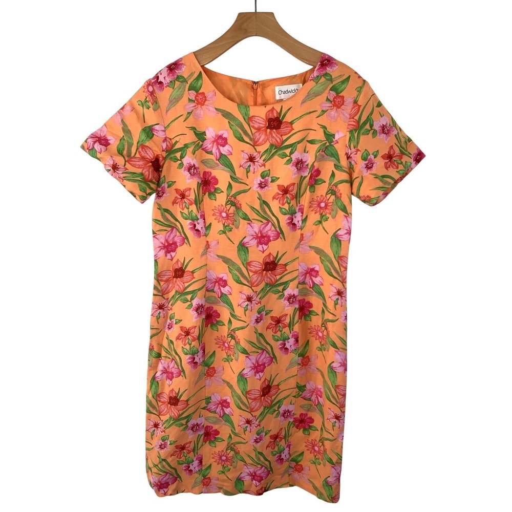 Chadwicks Orange Floral Linen Blend Short‎ Sleeve Sheath Dress Size 8